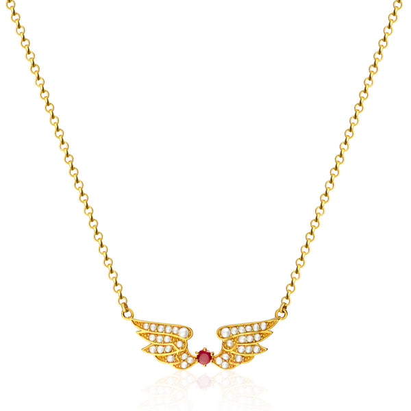 Ramona Necklace - Seed Pearl Wings with Ruby Centre