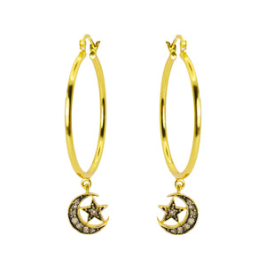 Nina Hoop Earrings with Diamond Moon and Star