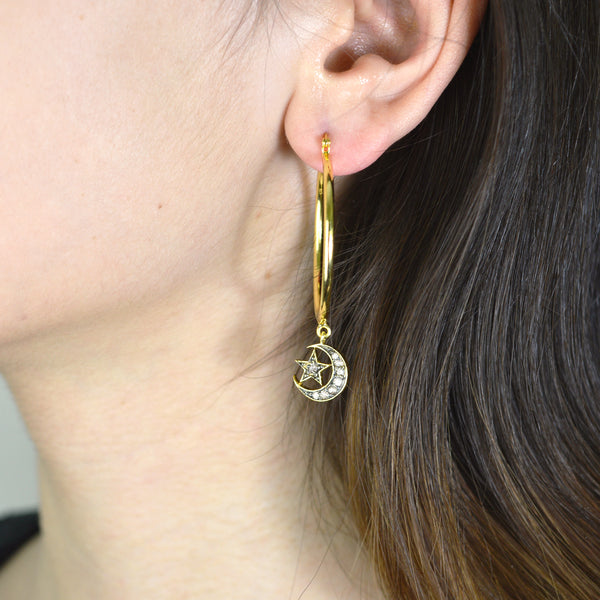 Nina Hoop Earrings with Diamond Moon and Star